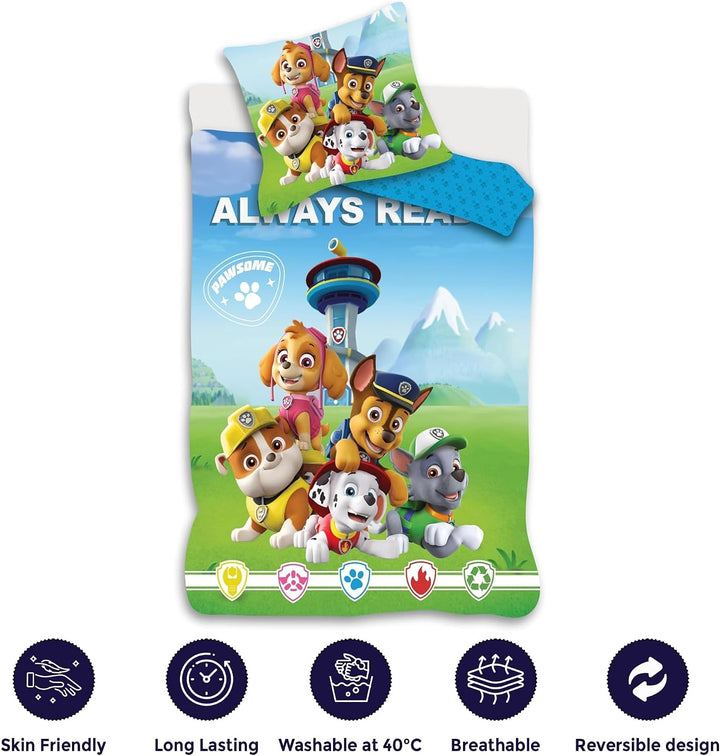 Paw Patrol Grünes Kinderbett-Bettwäsche-Set | Bettbezug 100x140 cm + Kopfkissenbezug 40x45 cm | 100%