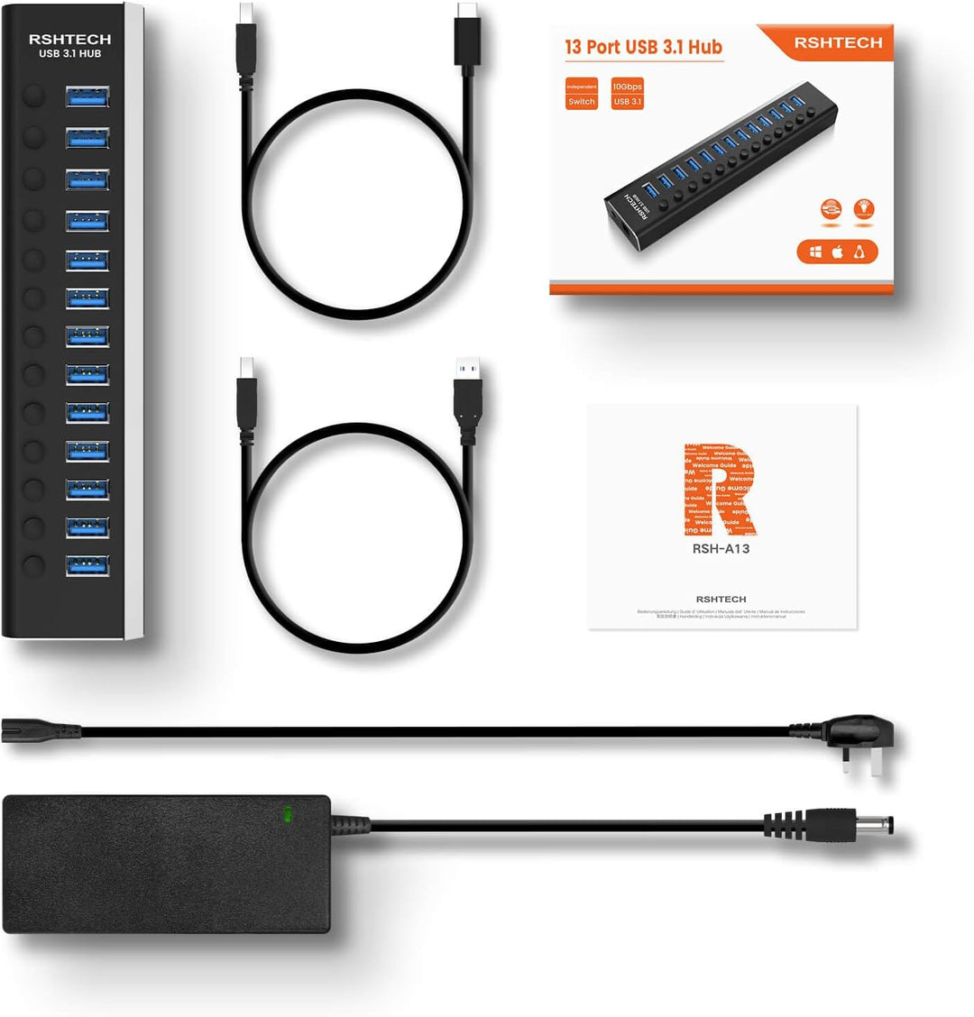 RSHTECH USB Hub 3.2 Aktiv mit Netzteil (72W 12V/6A), 2-in-1 Datenkabel (Typ-C&Typ A) und 13*10Gbps U