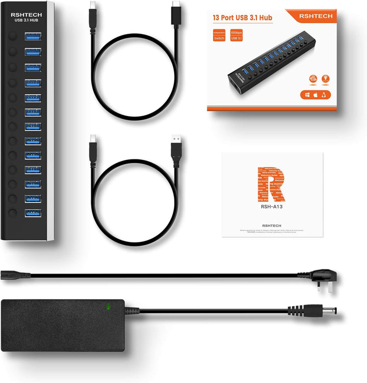RSHTECH USB Hub 3.2 Aktiv mit Netzteil (72W 12V/6A), 2-in-1 Datenkabel (Typ-C&Typ A) und 13*10Gbps U