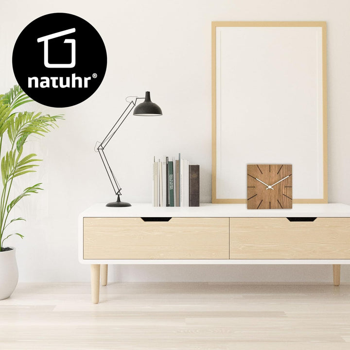 Natuhr Wanduhr Tischuhr Eiche Holz - Beam - geräuscharm Massivholz Design 17 x 17 cm (Räuchereiche W