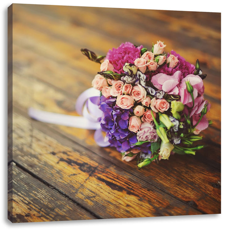 Pixxprint Blumenstrauss auf altem Holztisch als Leinwandbild/Grösse: 70x70 cm/Wandbild/Kunstdruck/fe