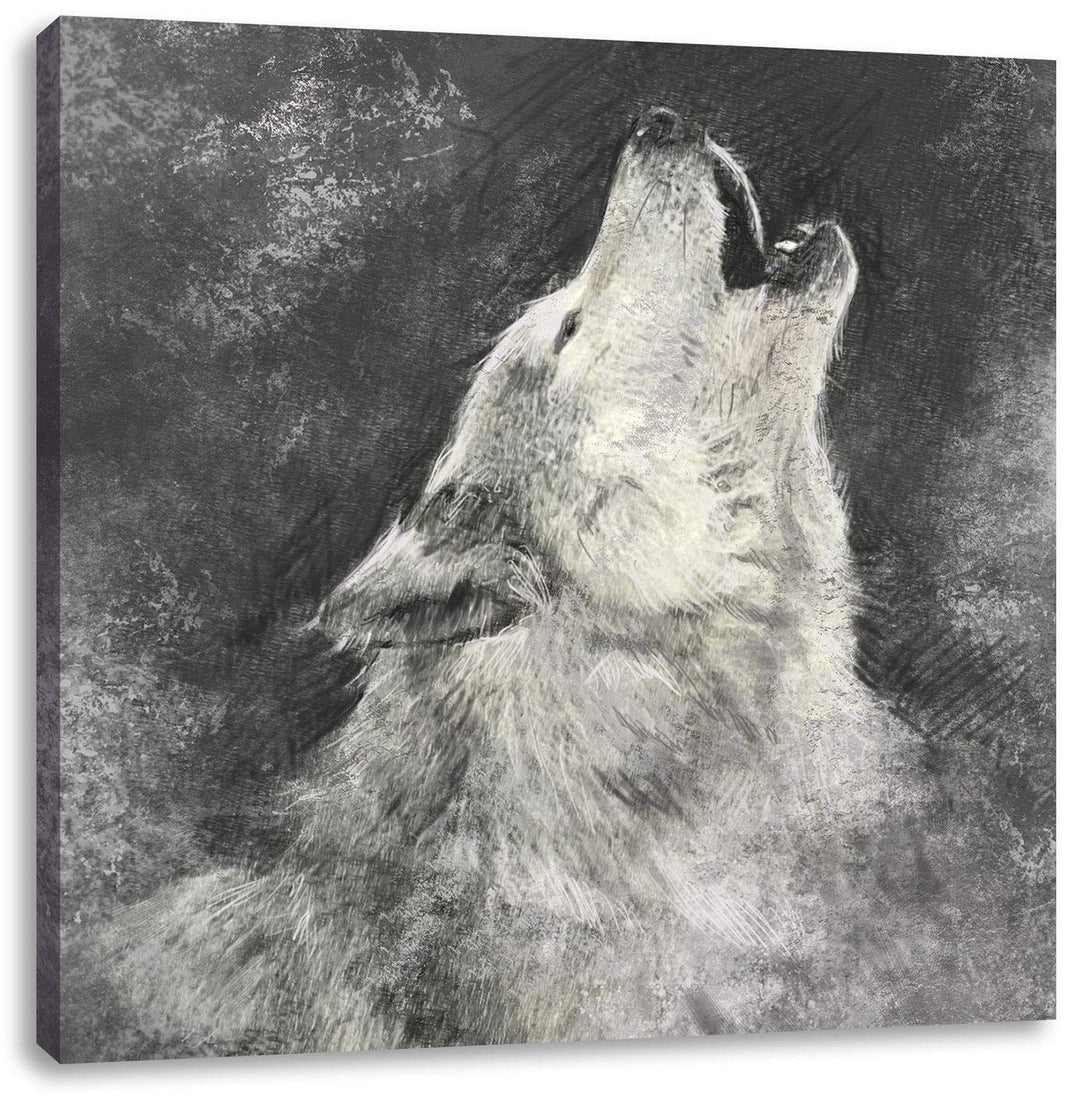 Heulender Wolf Kunst, Format: 70x70 auf Leinwand, XXL riesige Bilder fertig gerahmt mit Keilrahmen,