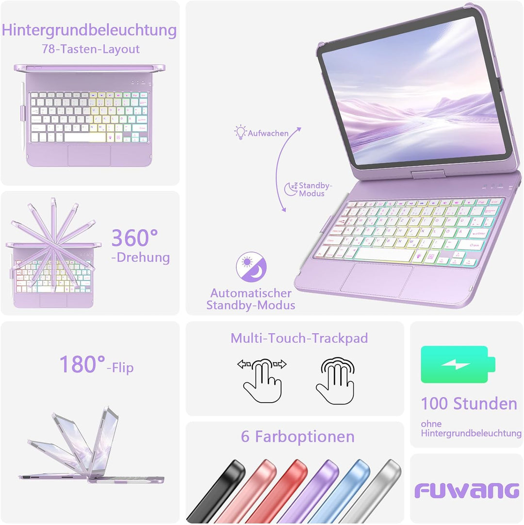 FUWANG Für iPad A16 11 (A16)/10 Gen Hülle mit Tastatur, Trackpad 360° DE Hellviolett Deutsch, DE Hel