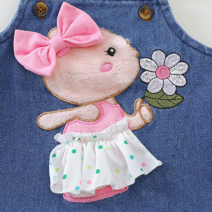 Baby Outfits für Mädchen mit Herz Print kurzärmelig Strampler Hosenträgerrock Bären Kleid Schleife S