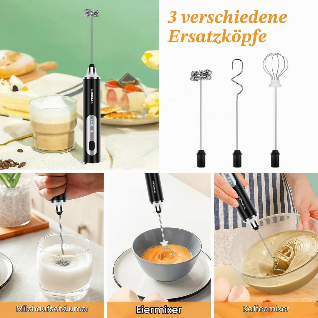 Philorn Milchaufschäumer Stab, Milchaufschäumer Elektrisch Stab Hand Held, 3-Gang USB-C Aufladbar Au