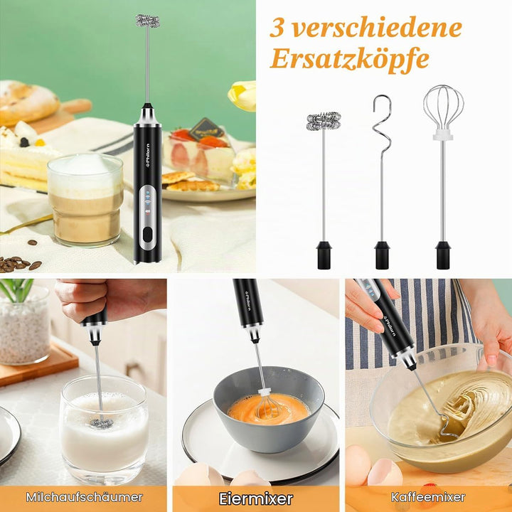 Philorn Milchaufschäumer Stab, Milchaufschäumer Elektrisch Stab Hand Held, 3-Gang USB-C Aufladbar Au