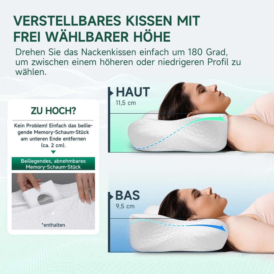 TESQ Ergonomisches Nackenkissen 2-in-1 | Memory Foam, Für Seiten- und Rückenschläfer, 60 x 40 x 9/12