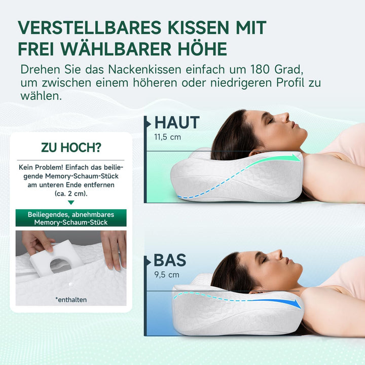 TESQ Ergonomisches Nackenkissen 2-in-1 | Memory Foam, Für Seiten- und Rückenschläfer, 60 x 40 x 9/12