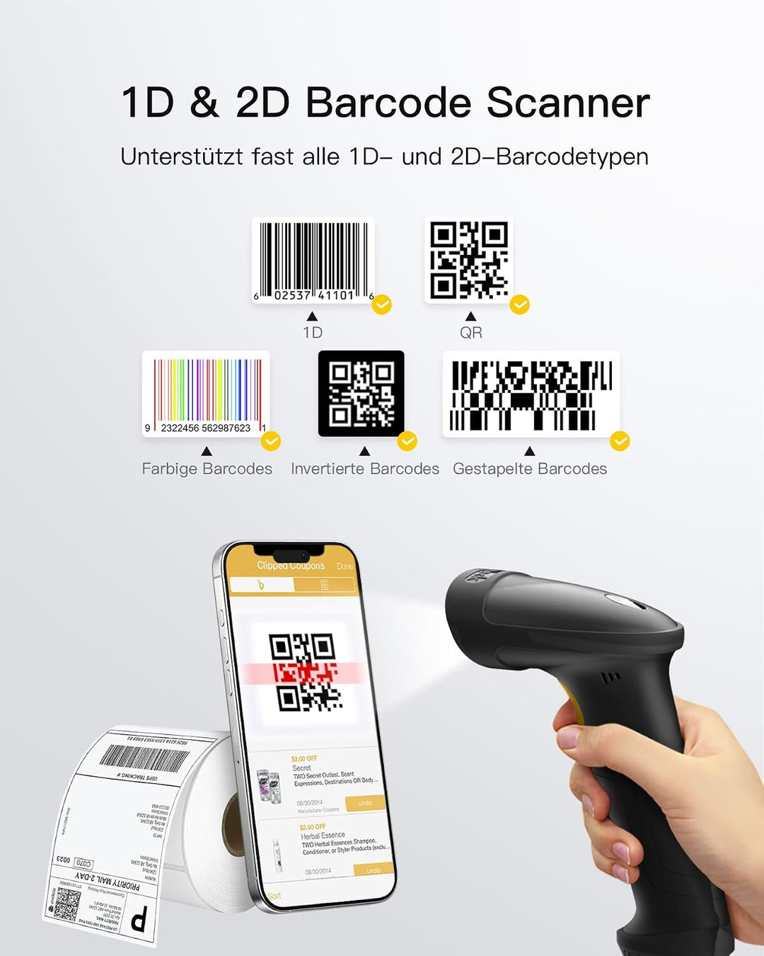 Inateck Barcode Scanner 1D 2D, QR Code Scanner USB fur Einzelhandel, BCST | Plug & Play fur Lager In