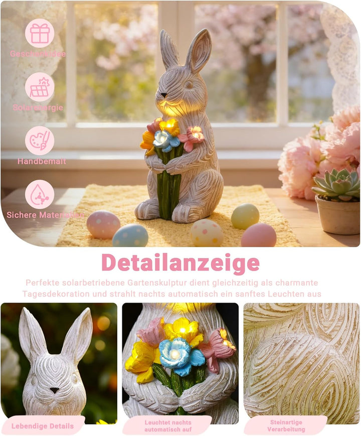 Yeomoo Kaninchen Figuren mit Blumen Solarlampen Gartendeko Deko Zimmer - Lustige Hase mit Solarleuch