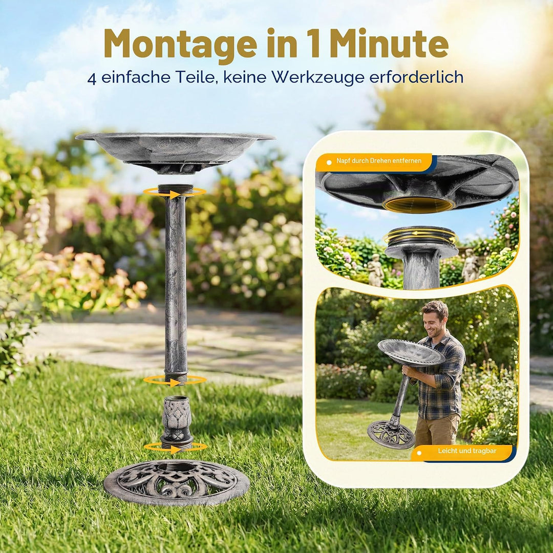 VIVOHOME Vogeltränke 71cm hoch Polyresin leicht antike Optik für Aussenbereich Grau, Grau