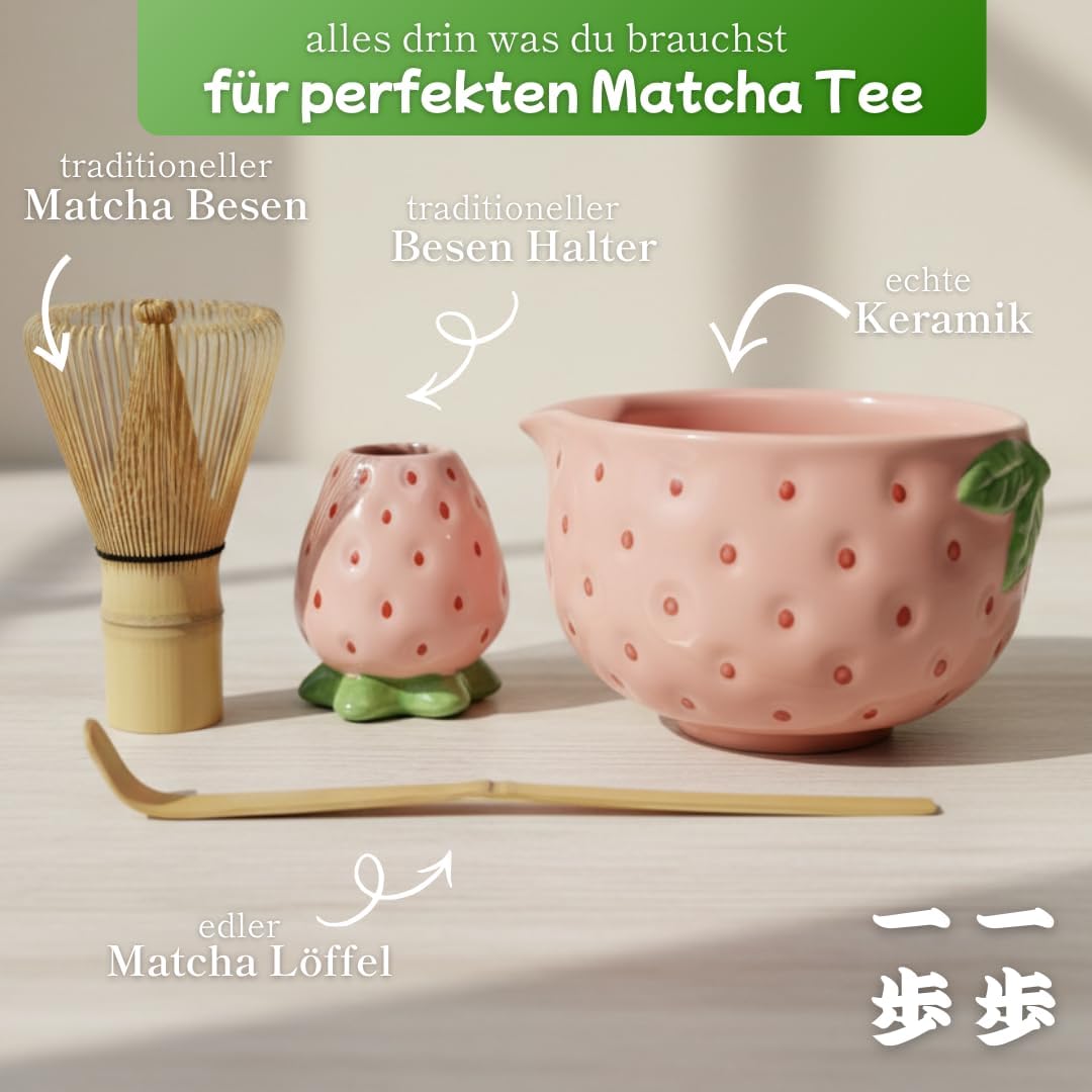 Generisch Matcha Set Erdbeer - Komplettes Set 4-teilig mit Matcha Besen, Matcha Schale - schlichtes