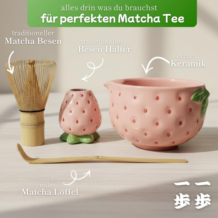 Generisch Matcha Set Erdbeer - Komplettes Set 4-teilig mit Matcha Besen, Matcha Schale - schlichtes
