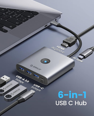 Docking Station, ORICO 6 in 1 USB Hub, USB 3.0 Splitter mit 3 USB-A 3.0(5Gbps), 1 USB-C 3.0(5Gbps),