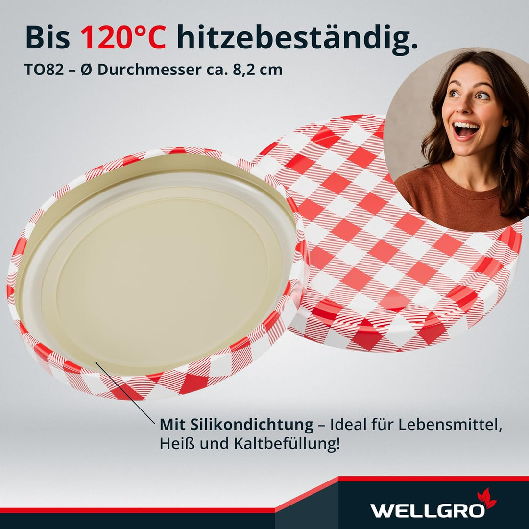 WELLGRO 100x Einmachgläser mit Schraubdeckel - 435 ml, 8,5 x 12 cm (ØxH), Glas/Metall, rot karierte