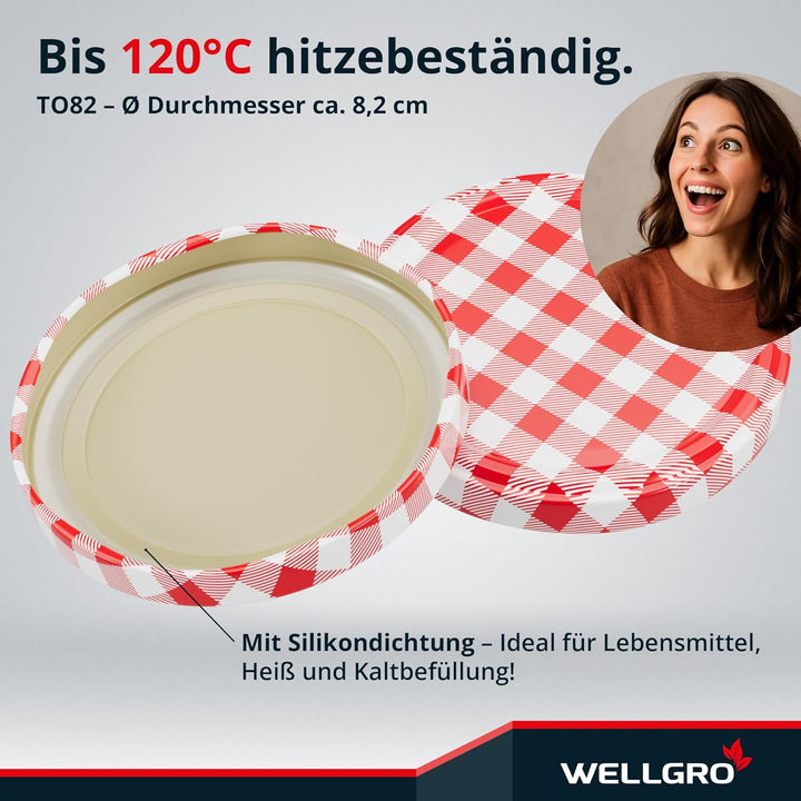 WELLGRO 12x Einmachgläser mit Schraubdeckel - 435 ml, 8,5 x 12 cm (ØxH), Glas/Metall, rot karierte D