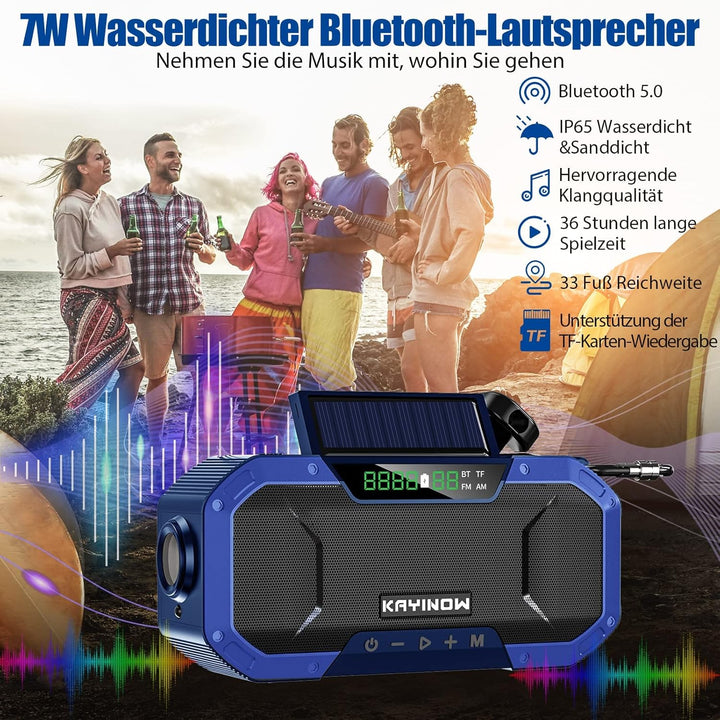 KAYINOW Solar Kurbelradio-Bluetooth Lautsprecher HandyLadefunktion, IPX5 wasserdichtes tragbare klei