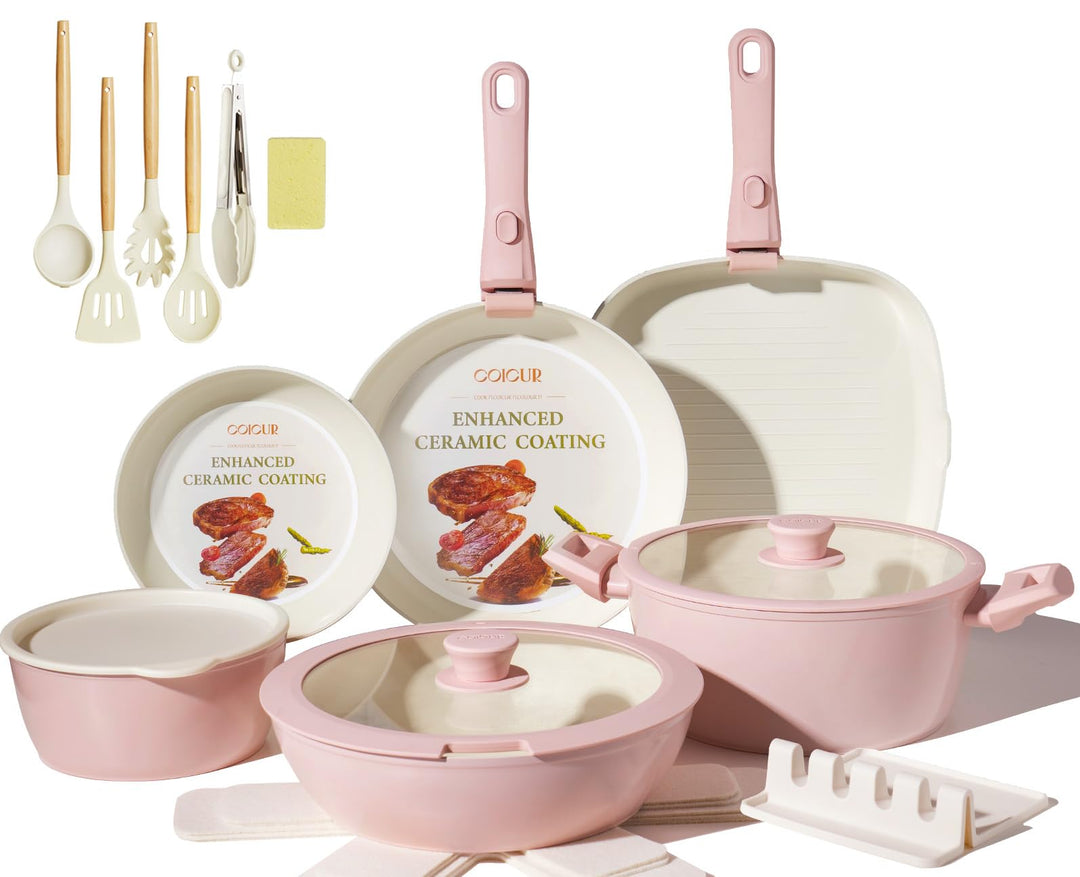 Keramik Topfsets Pfannenset 23 Teilig Antihaft Kochgeschirr mit Abnehmbarem Griff Stapelbar Topfset