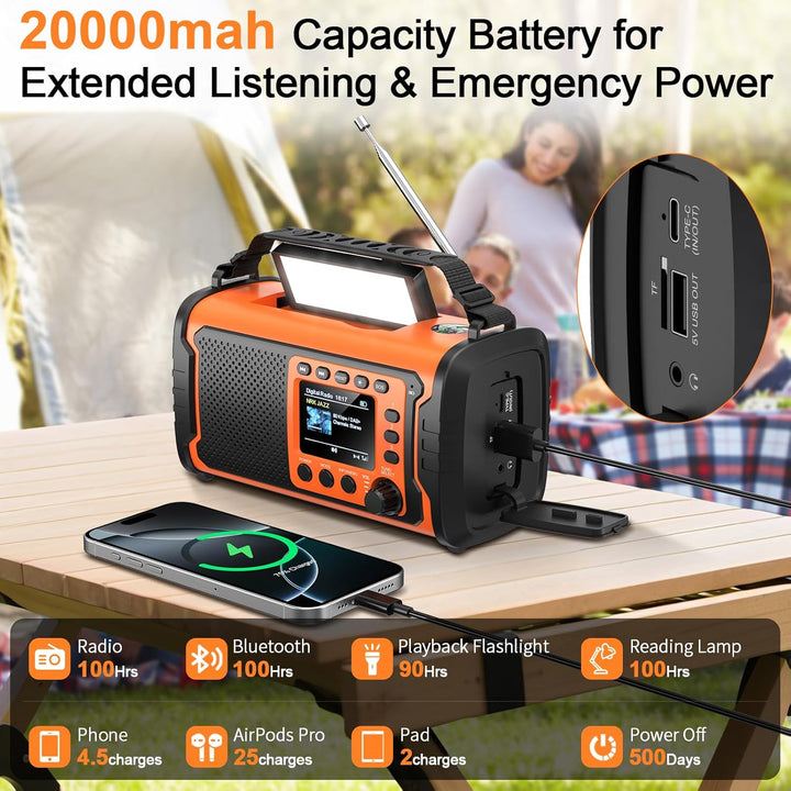 20000mAh DAB+/FM Notfallradio mit Powerbank – Tragbares Solar- & Kurbelradio mit Bluetooth 5.3, SOS,