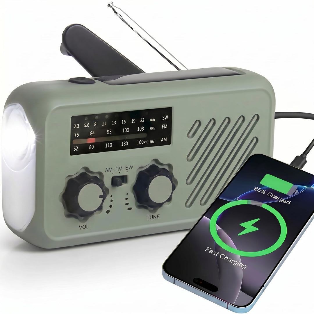 Notfall Radio, 3-Wege-Ladung (Solar, Kurbel, USB-C) Powerbank, 2000mAh Akku, AM/FM Radio, SOS, LED-T