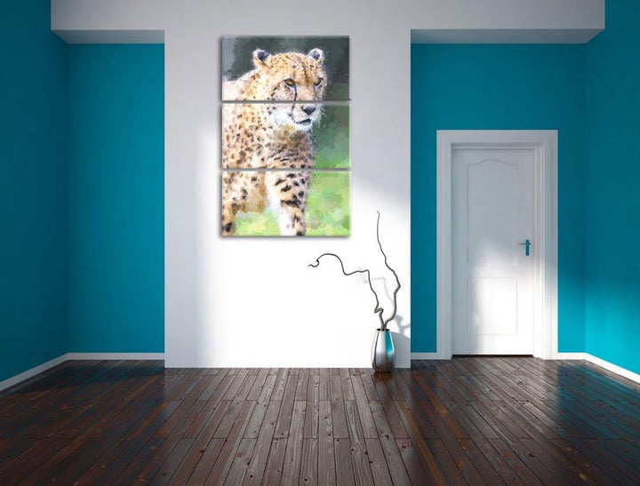 lauernder Gepard auf Wiese Spezial 3-Teiler Leinwandbild 120x80 Bild auf Leinwand, XXL riesige Bilde