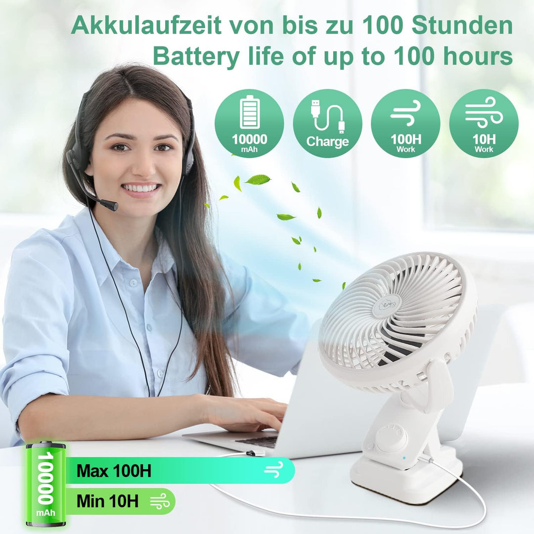 Oszillation Tischventilator 10000mAh Mini USB Ventilator Stufenloser Geschwindigkeit, Leise Clip Fan