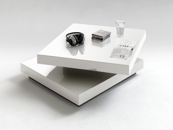 Robas Lund Couchtisch Wohnzimmertisch Weiss Hochglanz drehbar 360°, Hugo BxHxT 75 x 30 x 75 cm