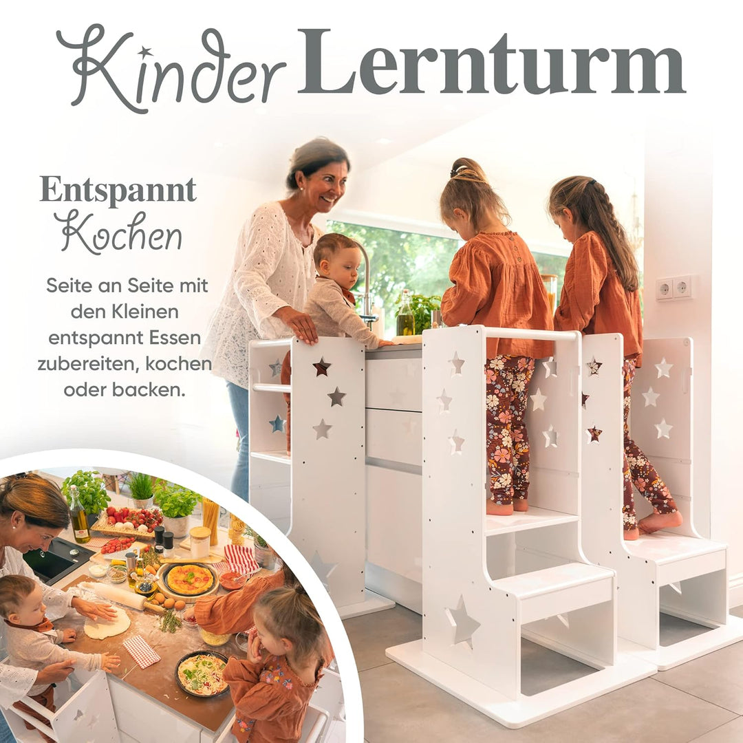 Kids Woody Star® Lernturm ab 1 Jahr [360° KIPPSCHUTZ] Höhenverstellbar Learning Tower Lernturm Monte