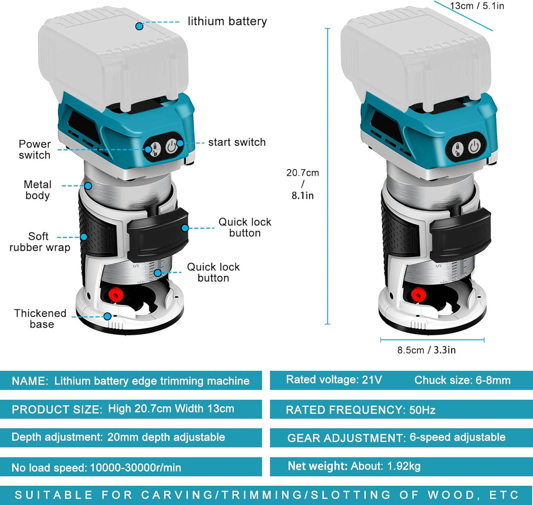 Akku Oberfräse kompatibel mit Makita 18V Akku, 800W Bürstenlose Kantenfräser mit 6 Geschwindigkeiten