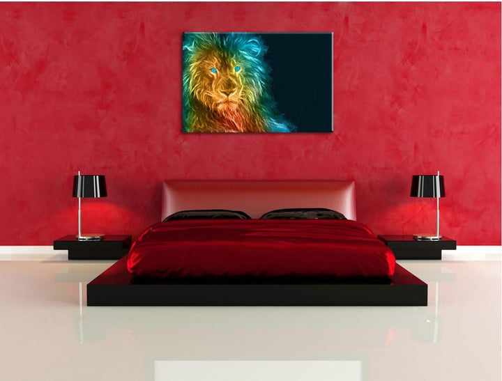 Pixxprint Dark - Löwe mit blauen Augen als Leinwandbild/Grösse: 100x70 cm/Wandbild/Kunstdruck/fertig