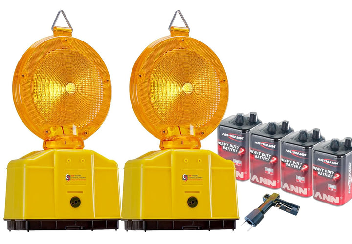 UvV UVWARNBTX2 Sparset 2 x Baustellenleuchte, Warnleuchte gelb - mit Schloss, LED, inkl. 4 Batterien