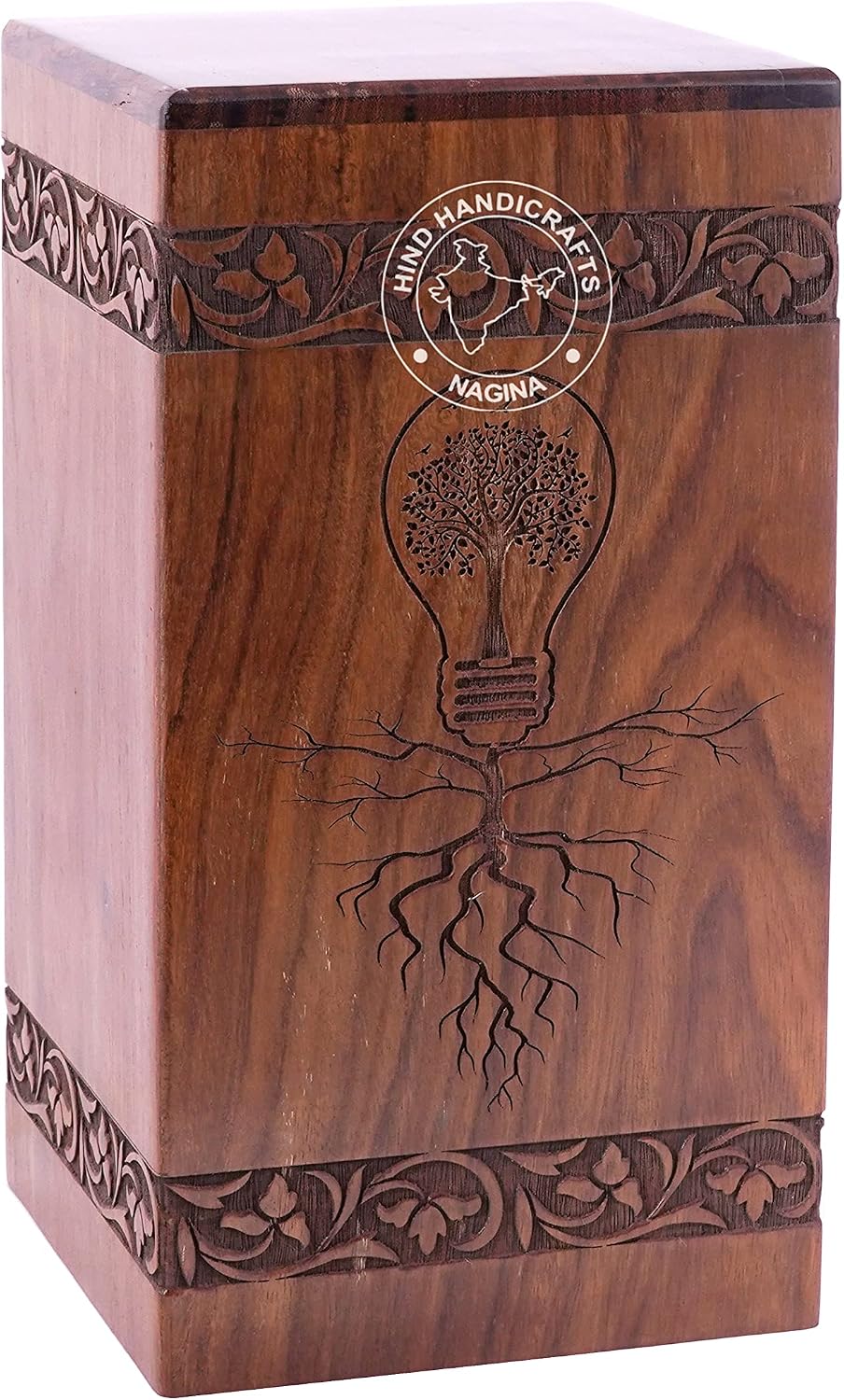 Holzurne mit Blumenmotiv, graviert, für menschliche Asche, für Erwachsene, gross – Holzbeerdigungsur