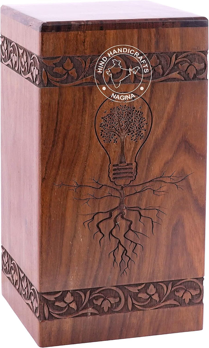 Holzurne mit Blumenmotiv, graviert, für menschliche Asche, für Erwachsene, gross – Holzbeerdigungsur