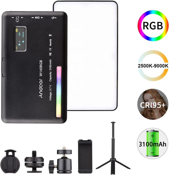 Andoer W140 RGB LED Videoleuchte Beleuchtungsset, Kamera Licht CRI95+ 2500K-9000K Dimmbar mit Deskto
