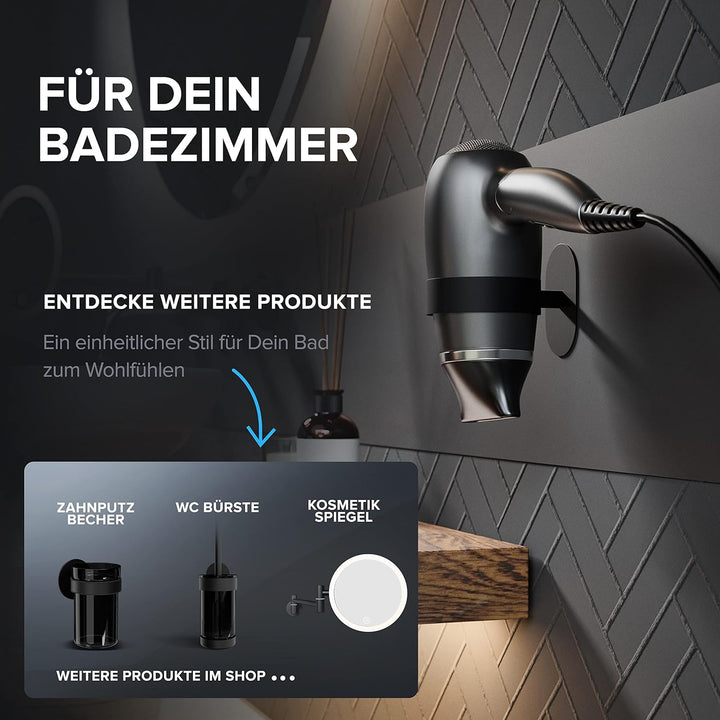 Haartrocknerhalter Kvitoya | Edelstahl | schwarz matt | mit Wandmontage ohne Bohren | mit Fönpolster