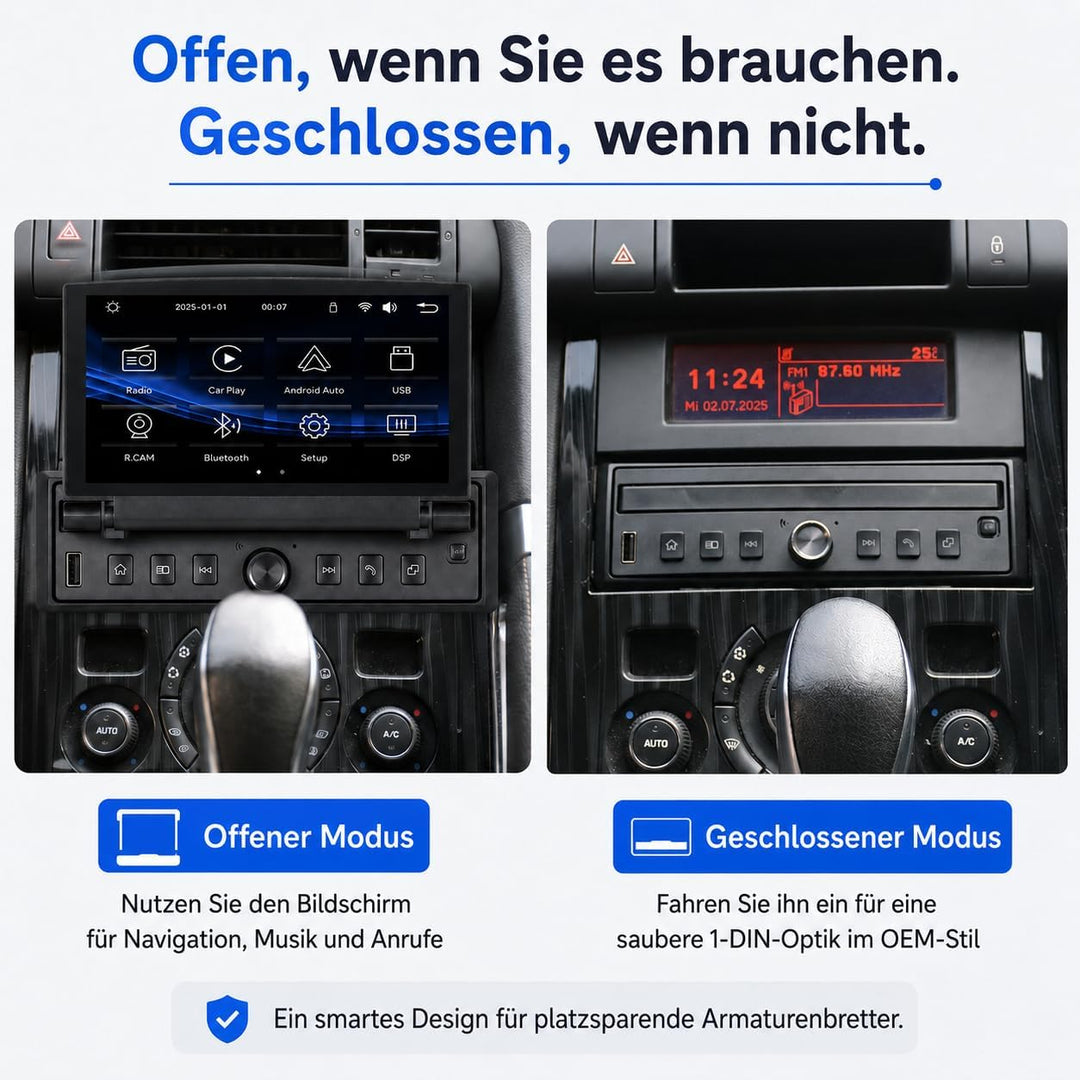 1 DIN Autoradio mit 6,8 Zoll ausfahrbarem Touchscreen, Linux System, Wireless CarPlay Android Auto,