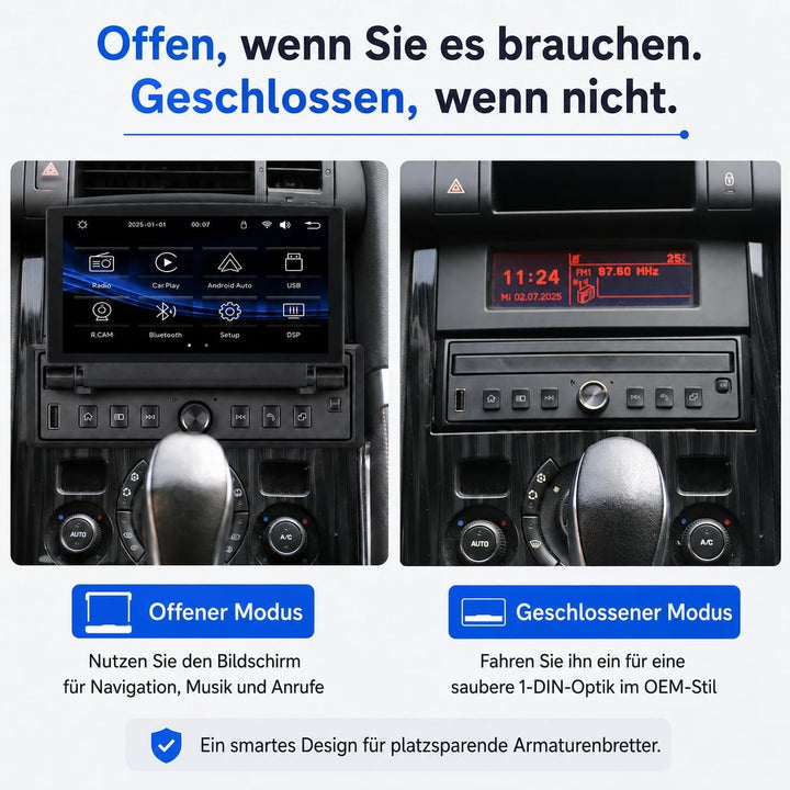 1 DIN Autoradio mit 6,8 Zoll ausfahrbarem Touchscreen, Linux System, Wireless CarPlay Android Auto,