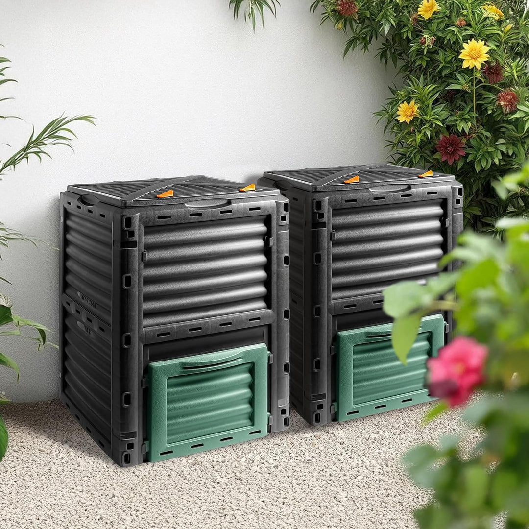 Kunststoff Kompostierer 83 x 61 cm schwarz - 2er Set - Komposter 300 L mit Deckel und Entleerungs-Lu