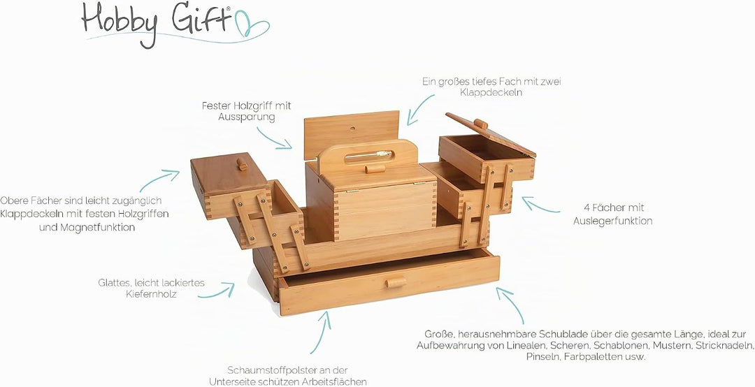 Hobby Gift Etagen-Aufbewahrungsbox aus Holz zum Nähen, Basteln und Hobby, 4 Etagen mit Schublade, 4