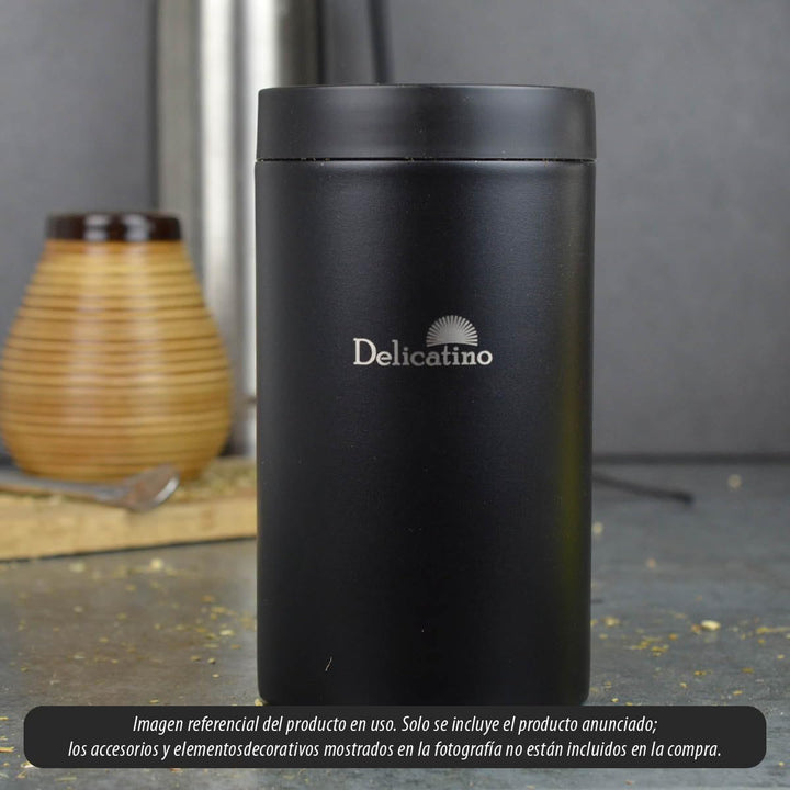 Delicatino - Yerbera Vorratsdose für Mate-Tee | Mit Praktischem Ausgiesser | Edelstahl in Schwarz.