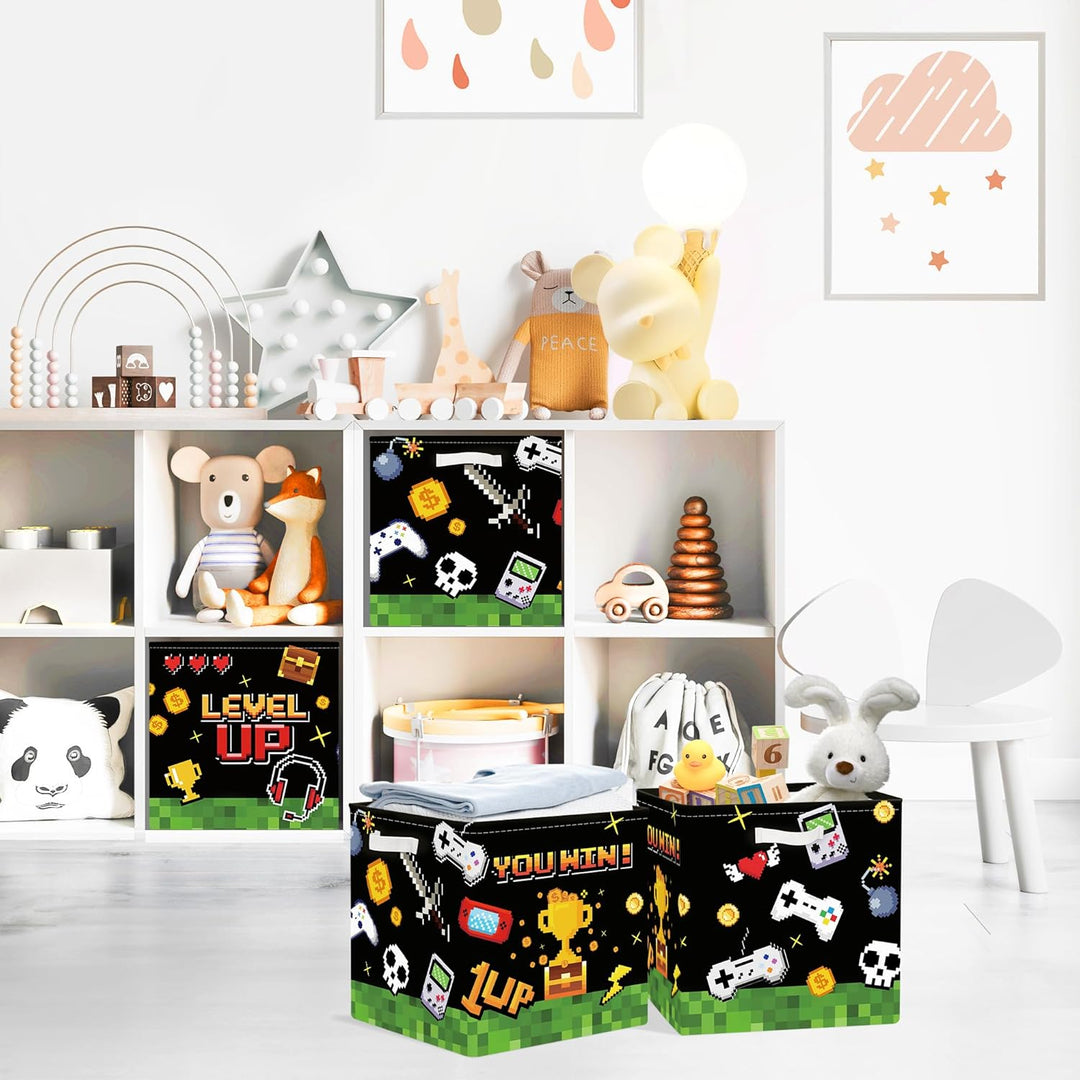 Clastyle 3 Stück Videospiel Kinder Aufbewahrungsbox Stoff für Kallax Faltbar Aufbewahrungskorb Klein