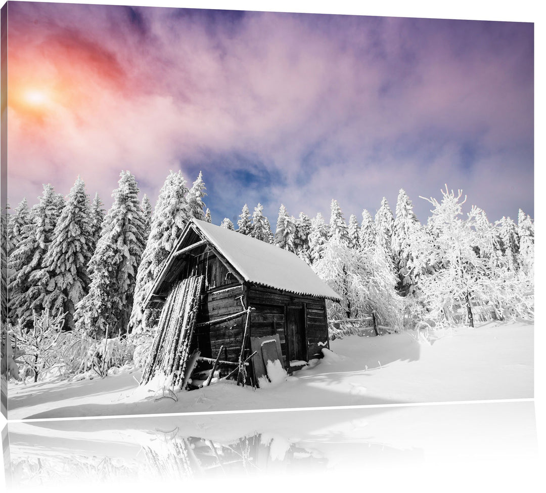 Einsame gemütliche Holzhütte im Schnee schwarz/weiss Format: 100x70 auf Leinwand, XXL riesige Bilder