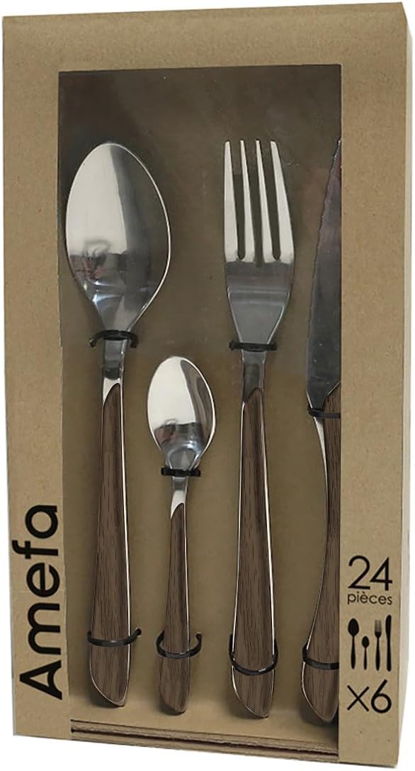 Amefa ECLAT Besteck Set | NATURE dunkles Holz | Essbesteck 24-teilig für 6 Personen | Edelstahl rost