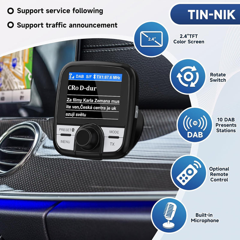 Tin-Nik DAB-388 DAB Adapter für Autoradio, FM-Transmitter für DAB+ Sender und Bluetooth-Verbindung v