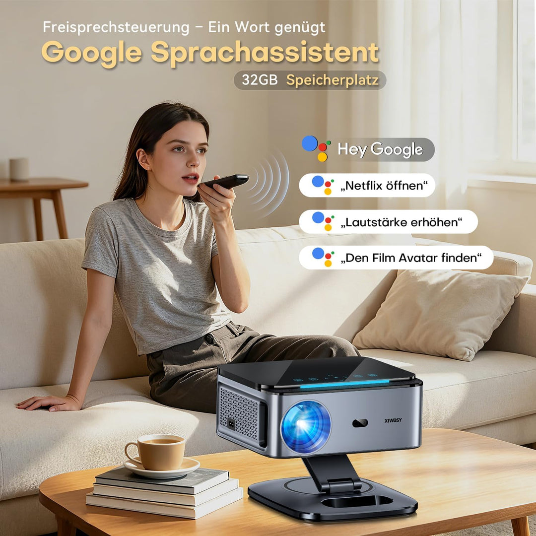 Beamer mit Google TV 14.0 Unterstützt 4K Autofokus 2200 ANSI 360°-Drehung | Google Sprachsteuerung,