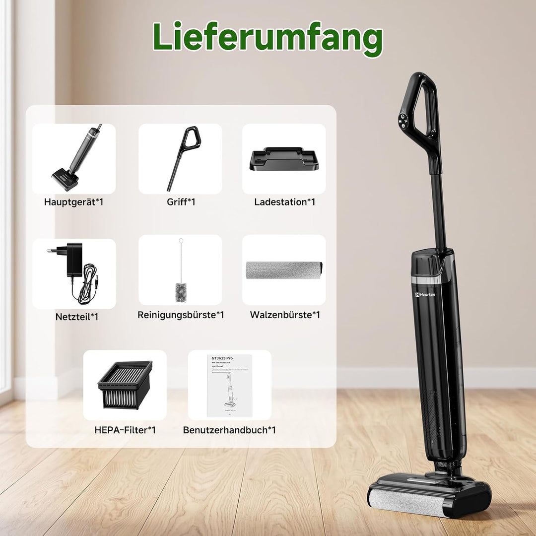 Hearten Nass Trockensauger, 180° Lay-Flat, Selbstreinigung, Anti-Tangle Schwarz, Schwarz