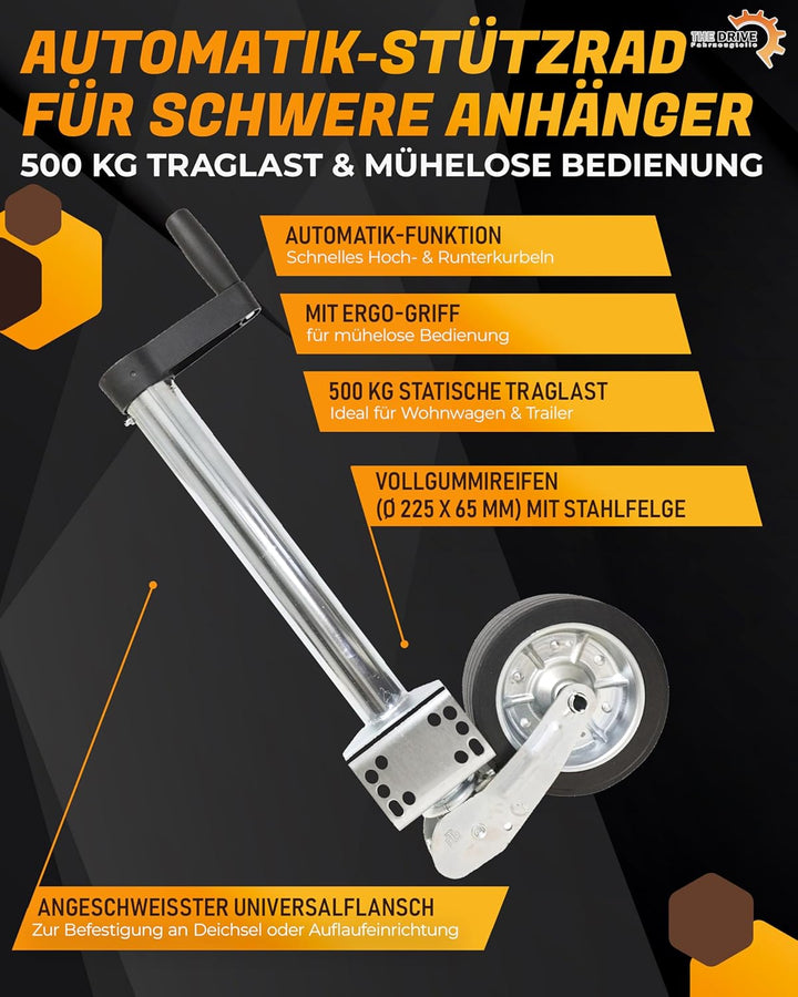 The Drive | Anhänger Stützrad 500KG | vollautomatik | mit Ergo-Griff | Vollgummirad Ø225x65 | Schwer