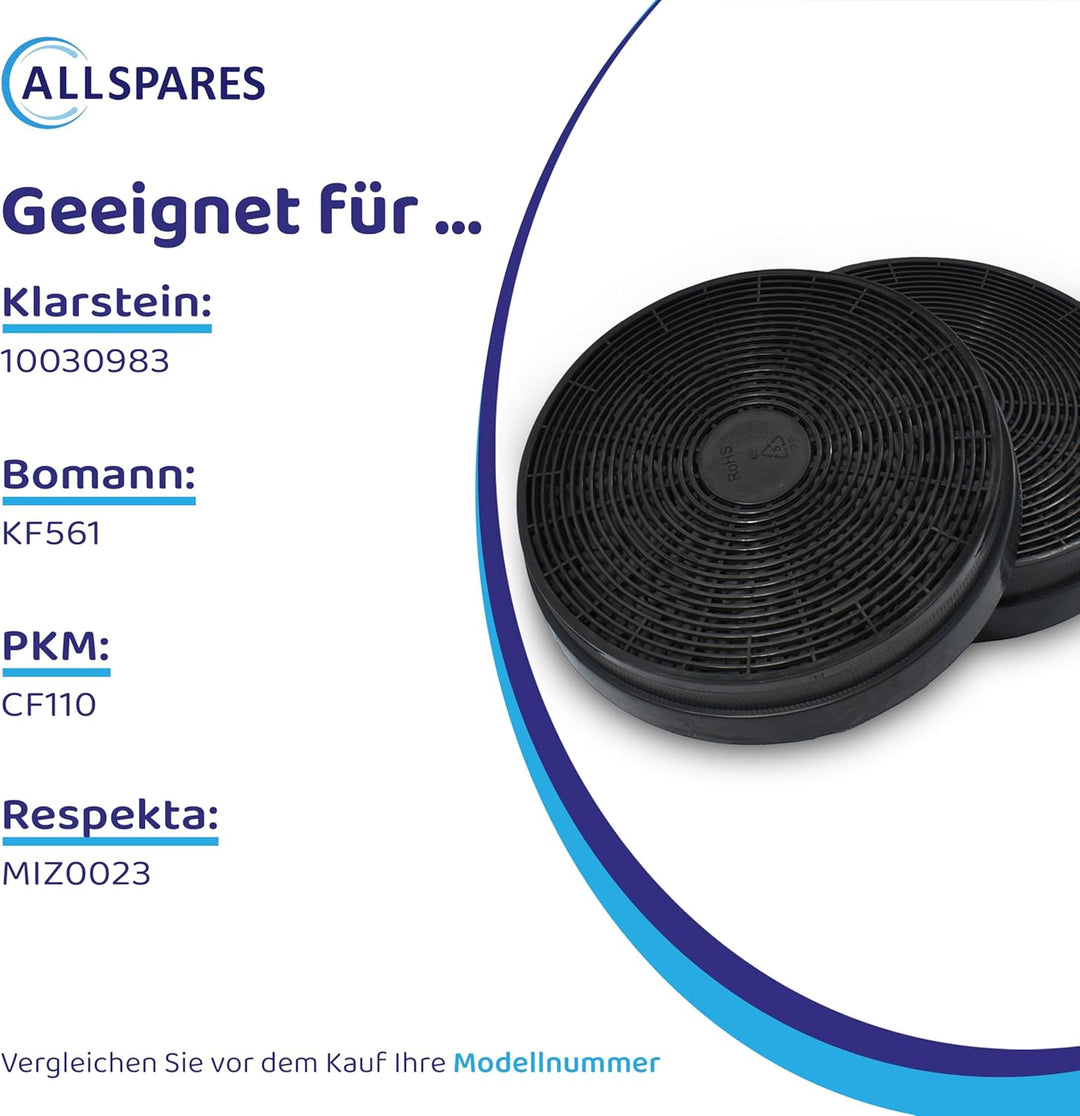 AllSpares Aktivkohlefilter (x4) für Dunstabzugshauben geeignet für Bomann KF561, PKM CF110 und Respe
