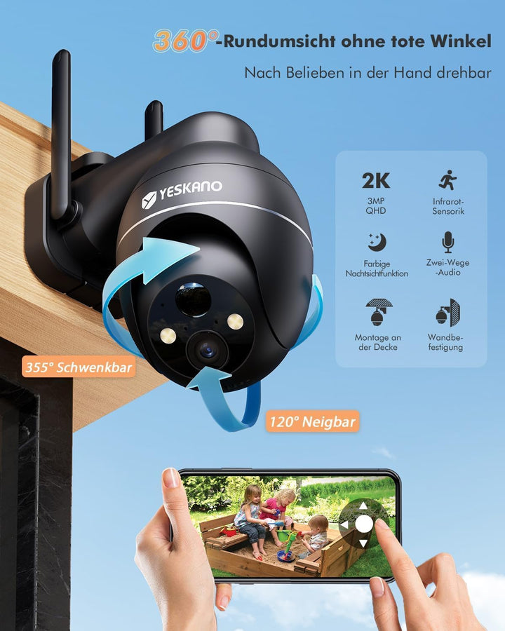 2 K Überwachungskamera, WLAN, für den Aussenbereich, kabellos, Solarpanel, 360 °, PTZ, Kamera, für d