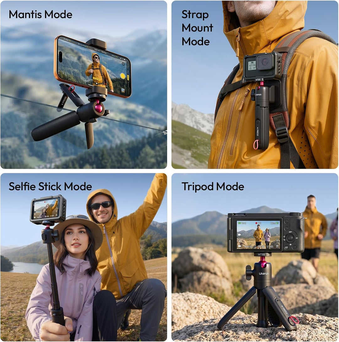 ULANZI MT55 SnapGo Mini Stativ & Selfie Stick, 4-in-1: Mantis/Rucksackgurt/Selfie/Stativ, 360° Kugel